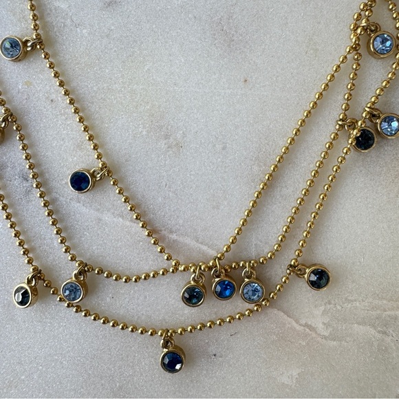 Gold Triple-Layer Beaded Necklace With Blue Crystals - Picture 5 of 6